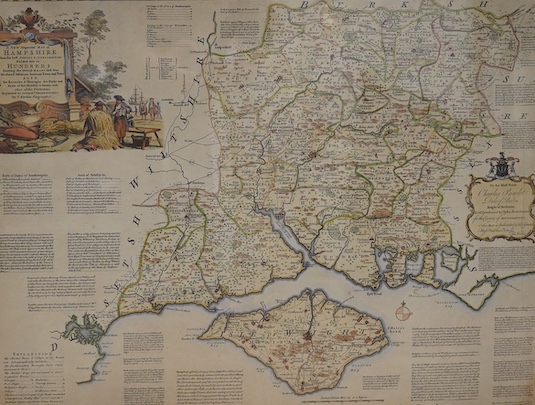 Thomas Kitchen (1718-1784), hand coloured engraved map 'A New Improved Map of Hampshire', 54 x 70cm. Condition - fair to good, discolouration throughout
